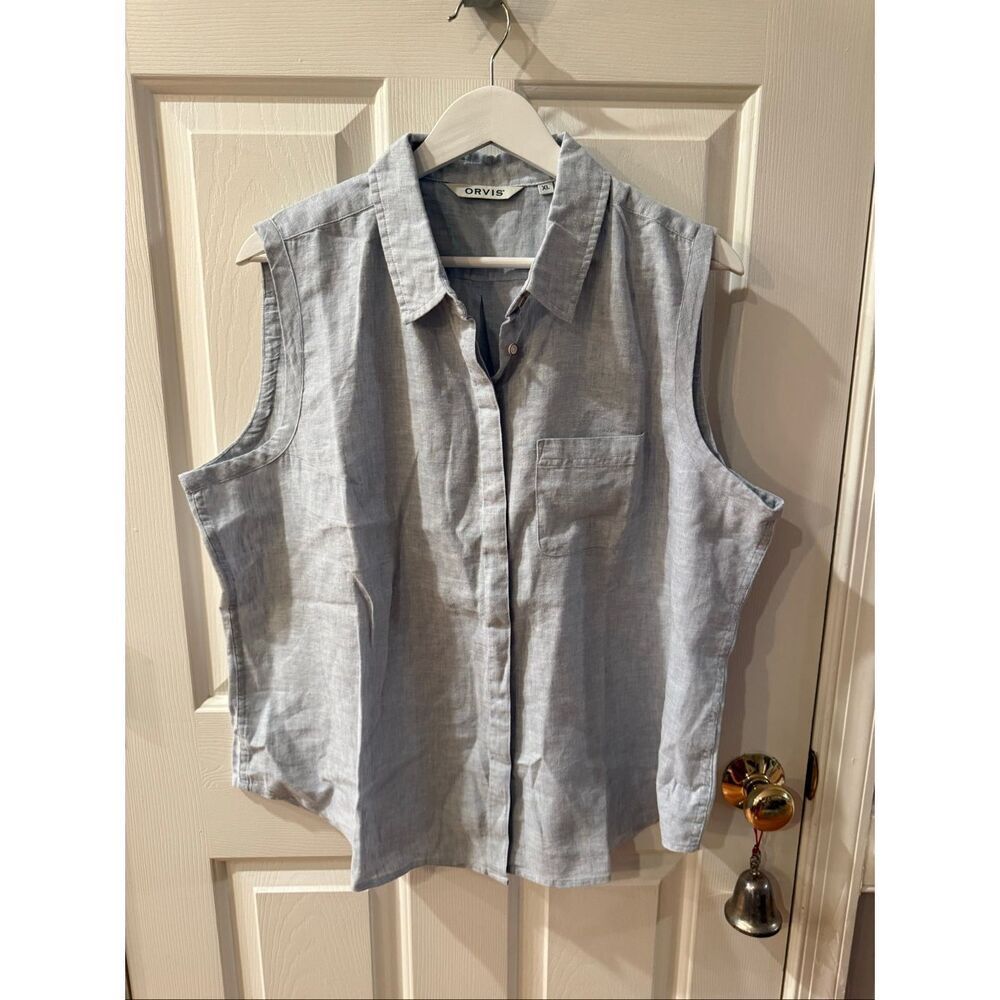 Orvis Lot of 2 Linen Sleeveless Button Up Tops Shirts White Blue sz XL